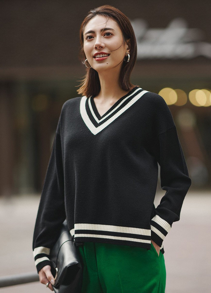 毛料復古V領配色針織衫